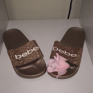 rose gold glittery BEBE slides 💗